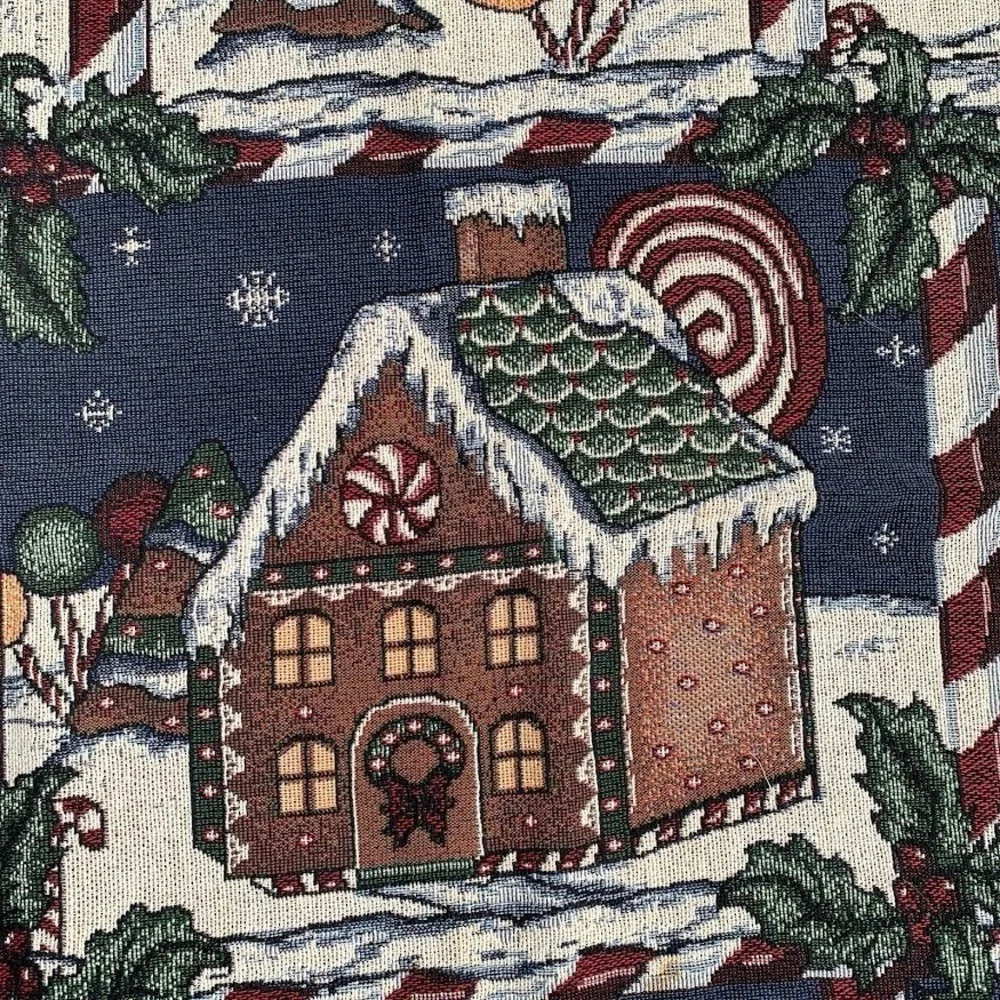 Vintage Christmas Gingerbread Village Peppermint Woven Throw Blanket Tapestry